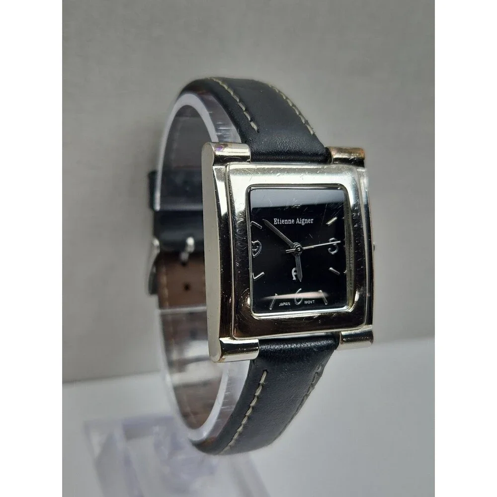 Vintage Etienne Aigner Womens Silver Black Dial Leather Quartz Watch New Battery